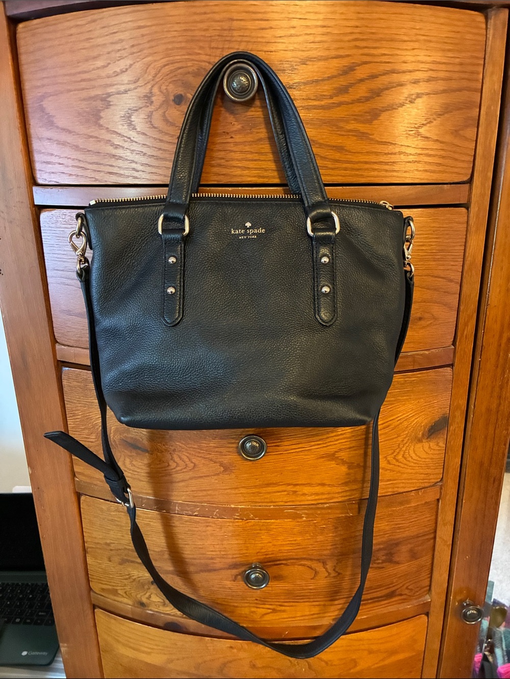 kate spade Black Pebbled Leather Larchmont Shoulder Tote with Crossbody Strap